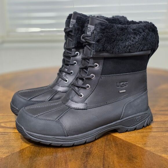 UGG Butte Waterproof Men's Black Boots Size 11 Convertible Leather Fur Lined New - Picture 2 of 12